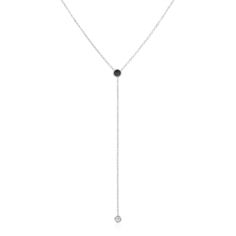 Vale Jewelry Black and White Diamond Y Necklace on Diamond Cut Cable Chain in 14 Karat White Gold Close Up