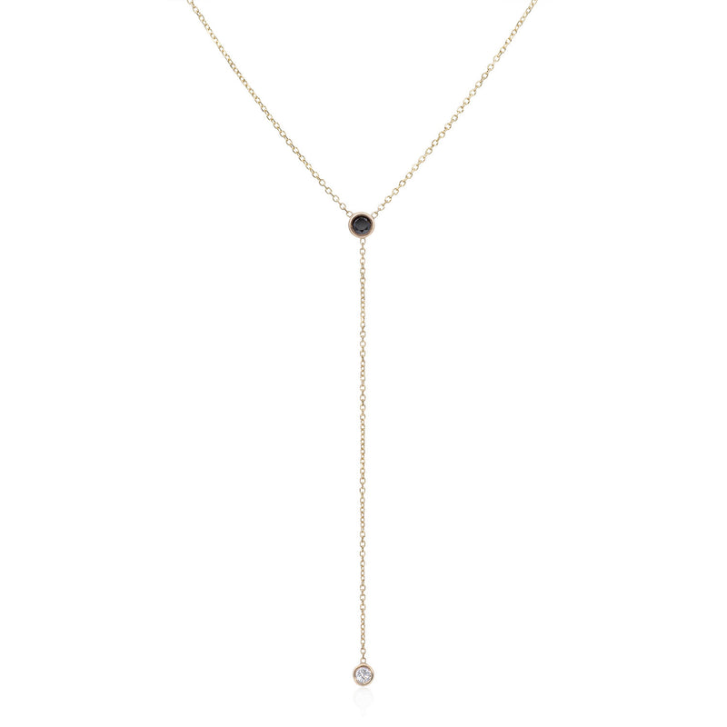 Vale Jewelry Black and White Diamond Y Necklace on Diamond Cut Cable Chain in 14 Karat Yellow Gold Close Up