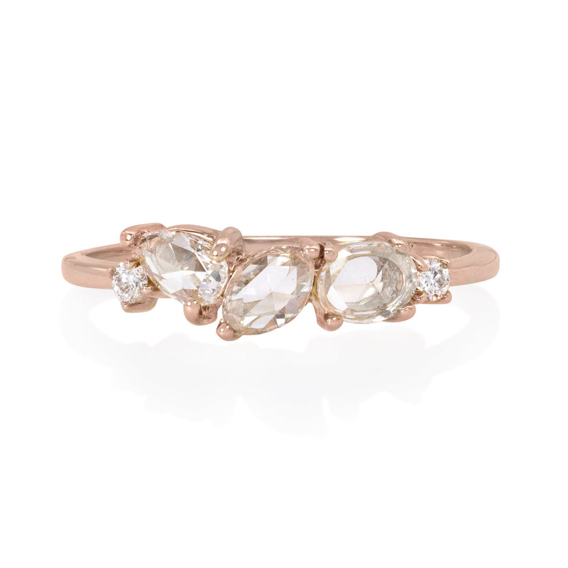 Vale Jewelry Cosmos Ring with Rose Cut White Diamonds and Round Brilliant White Diamond Accents in 14 Karat Rose Gold Front View