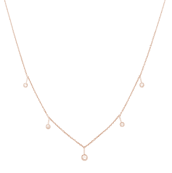 Vale Jewelry Dew Necklace with Bezel Set White Diamonds on Diamond Cut Cable Chain in 14 Karat Rose Gold Close Up