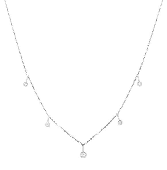 Vale Jewelry Dew Necklace with Bezel Set White Diamonds on Diamond Cut Cable Chain in 14 Karat White Gold Close Up