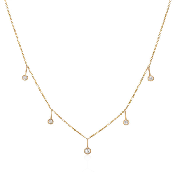 Vale Jewelry Dew Necklace with Bezel Set White Diamonds on Diamond Cut Cable Chain in 14 Karat Yellow Gold Close Up