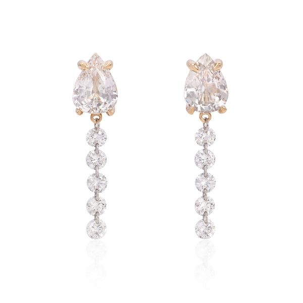 Vale Jewelry Dew Drop Earrings with Pear Shaped White Sapphire in Yellow Gold Front View