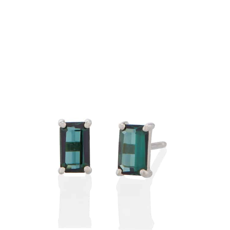 Vale Jewelry Dex Earrings with Emerald Cut Green Tourmaline in 14 Karat White Gold Front View