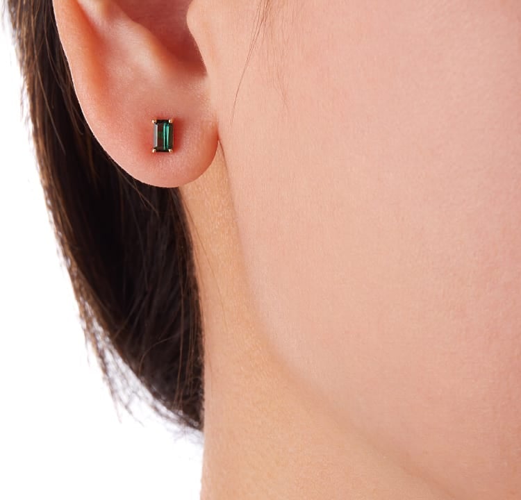 Vale Jewelry Dex Earrings with Emerald Cut Green Tourmaline in 14 Karat Yellow Gold Ear View
