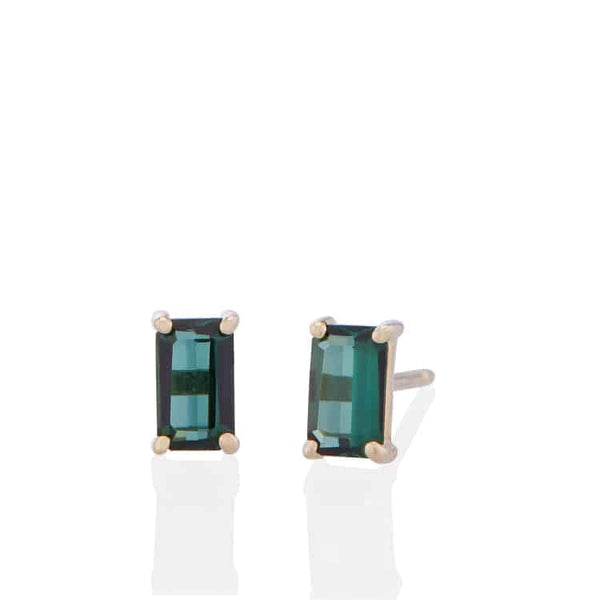 Vale Jewelry Dex Earrings with Emerald Cut Green Tourmaline in 14 Karat Yellow Gold Front View