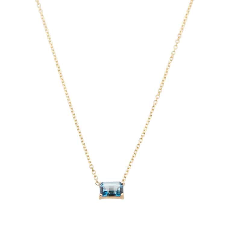 Vale Jewelry Dex Necklace with Emerald Cut London  Blue Topaz on Diamond Cut Cable Chain in 14 Karat Yellow Gold Close Up 