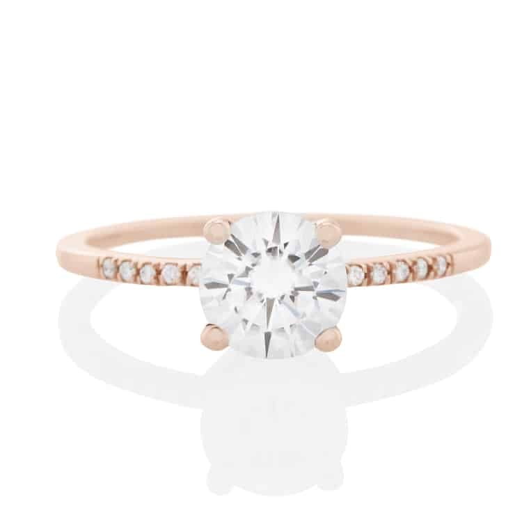 Vale Jewelry Estee Ring with 1.00 carat Brilliant Cut White Diamond and White Diamond Pave Accents in 14 Karat Rose Gold Front View