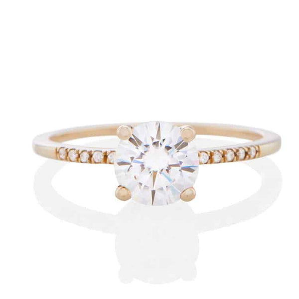 Vale Jewelry Estee Ring with 1.00 carat Brilliant Cut White Diamond and White Diamond Pave Accents in 14 Karat Yellow Gold Front View