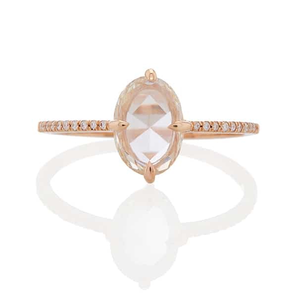 Vale Jewelry Evelina Ring with White Oval Rose Cut Diamond Center and White Pave Diamond Accents in 14K Yellow Gold Front View
