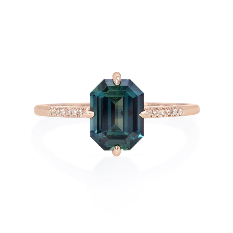 Vale Jewelry Fira Ring with Emerald Cut Parti Sapphire Center and White Diamond Pave Accents in 14 Karat Rose Gold Front View