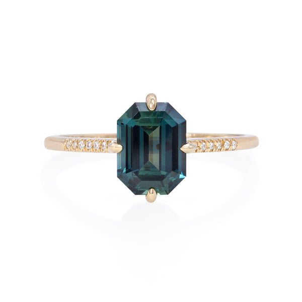 Vale Jewelry Fira Ring with Emerald Cut Parti Sapphire Center and White Diamond Pave Accents in 14 Karat Yellow Gold Front View