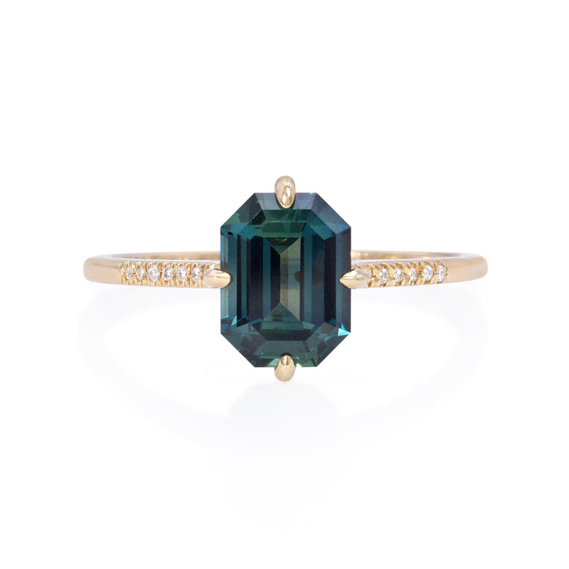 Vale Jewelry Fira Ring with Emerald Cut Parti Sapphire Center and White Diamond Pave Accents in 14 Karat Yellow Gold Front View