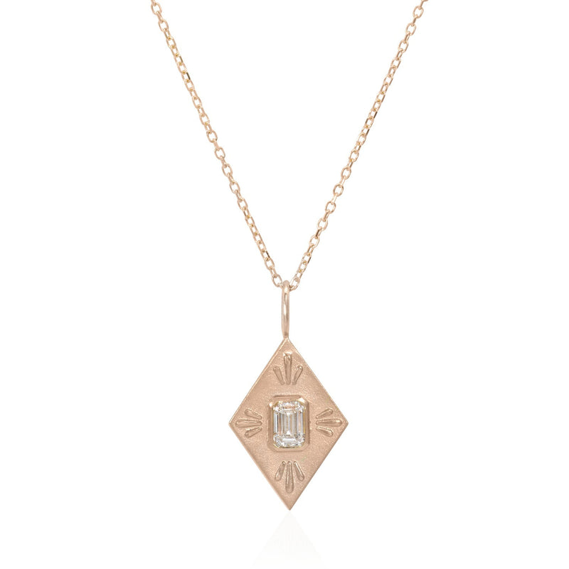 Vale Jewelry Fleche Amulet with White Emerald Cut Diamond on Diamond Cut Cable Chain in 14 Karat Rose Gold Close Up