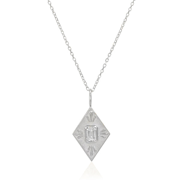 Vale Jewelry Fleche Amulet with White Emerald Cut Diamond on Diamond Cut Cable Chain in 14 Karat White Gold Close Up