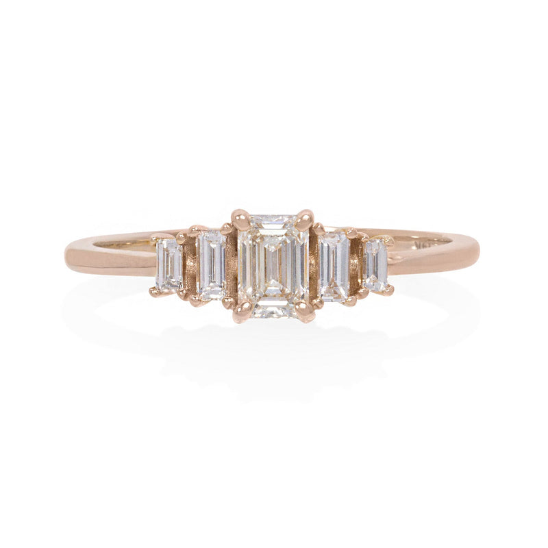 Vale Jewelry Hadrian Ring with Emerald Cut White Diamonds in 14 Karat Rose Gold Front View