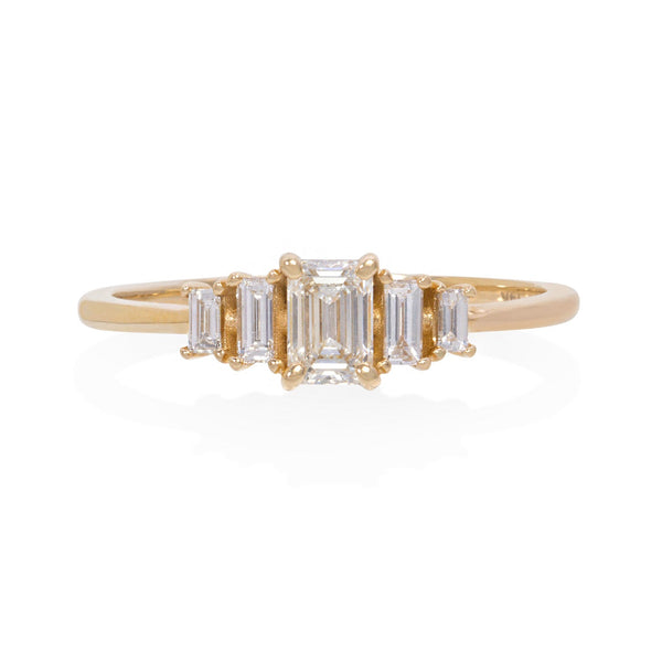Vale Jewelry Hadrian Ring with Emerald Cut White Diamonds in 14 Karat Yellow Gold Front View