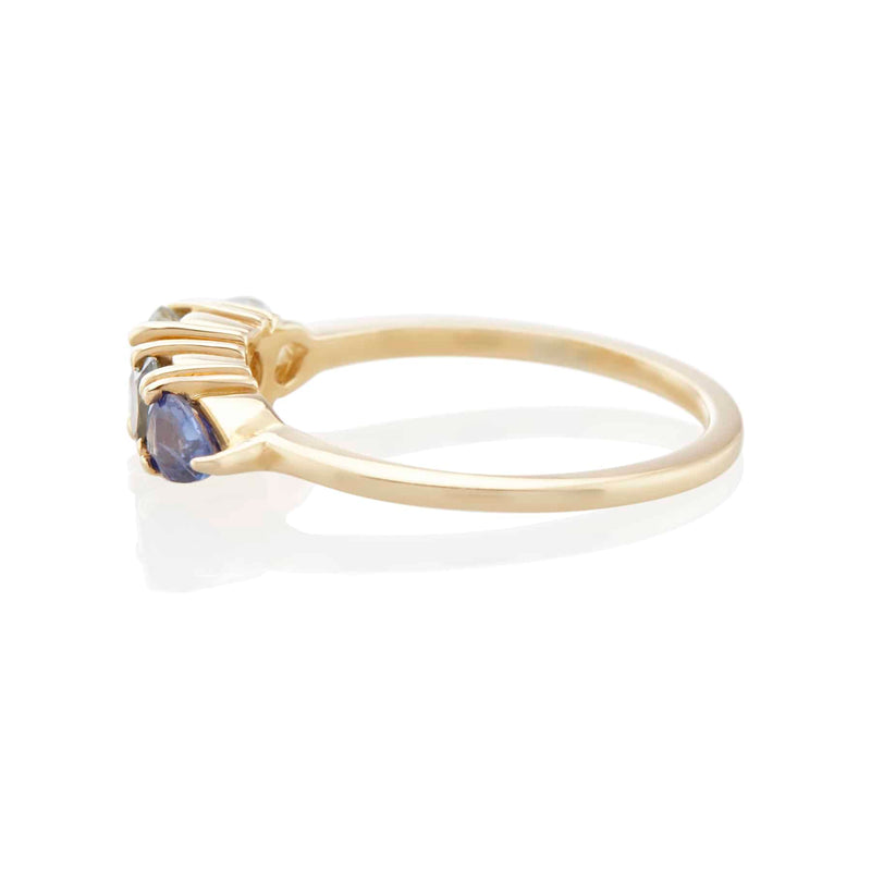 Vale Jewelry Harmony Ring with Multi-Color Round and Pear Shape Blue Sapphires in 14 Karat Yellow Gold Side View