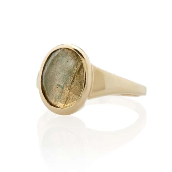 Vale Jewelry Helena Ring with Bezel Set Faceted Labradorite in 14 Karat Yellow Gold Side View