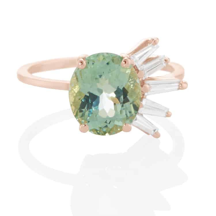 Vale Jewelry Helios Ring with Green Tourmaline and White Diamond Tapered Baguette Accents in 14 Karat Rose Gold Front View