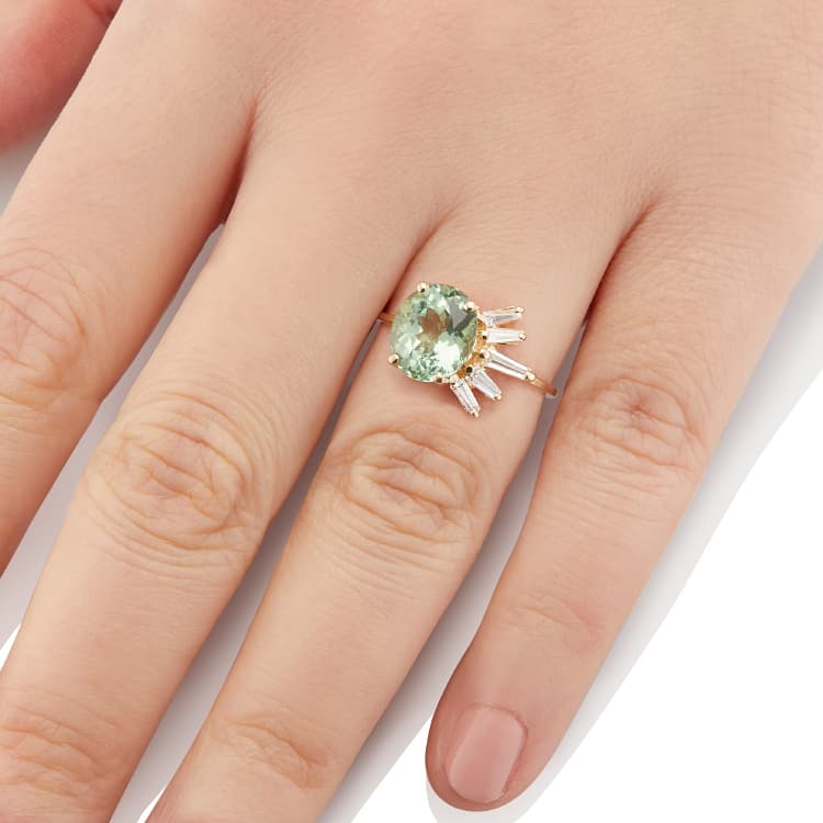 Vale Jewelry Helios Ring with Green Tourmaline and White Diamond Tapered Baguette Accents in 14 Karat Yellow Gold Hand View