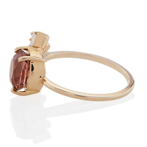 Vale Jewelry Helios Ring with Pink Tourmaline and White Tapered Baguette Accents in 14 Karat Yellow Gold Side View