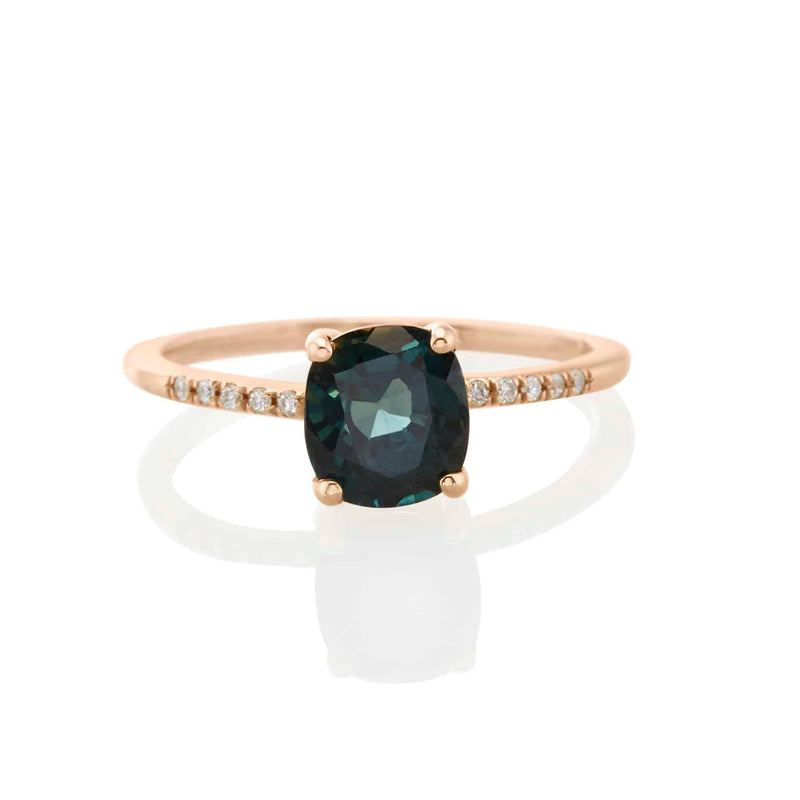 Vale Jewelry Hyeres Ring with Cushion Cut Parti Sapphire and White Diamond Pave Accents in 14 Karat Rose Gold Front View