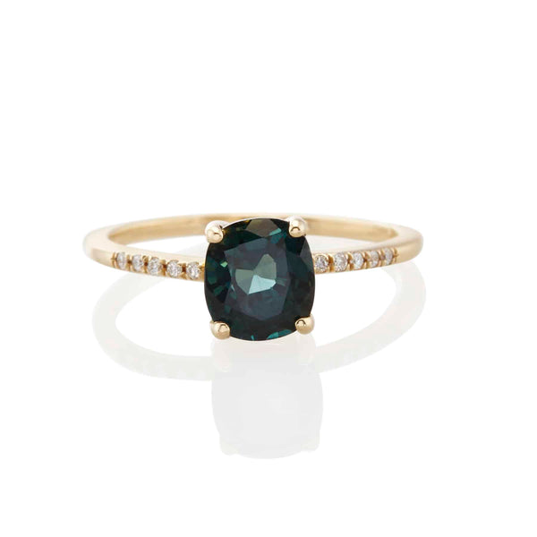 Vale Jewelry Hyeres Ring with Cushion Cut Parti Sapphire and White Diamond Pave Accents in 14 Karat Yellow Gold Front View