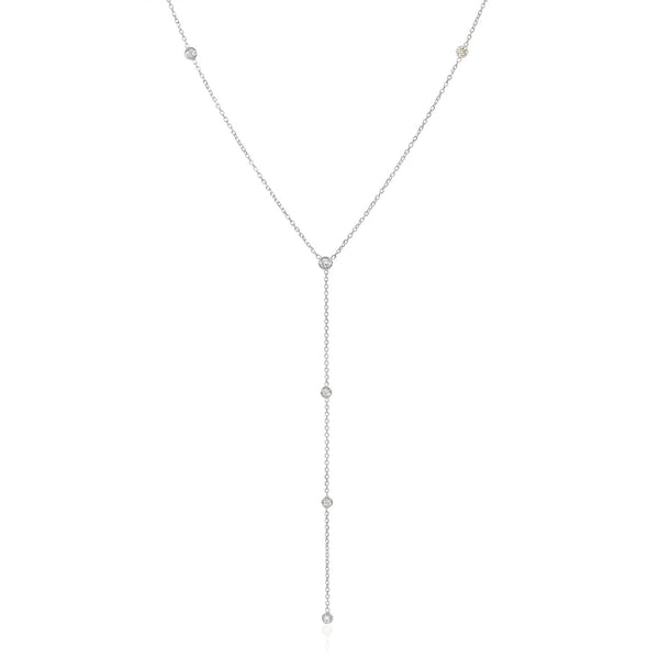 Vale Jewelry Josephine Y Necklace with Bezel Set White Diamonds in 14 Karat White Gold Close Up