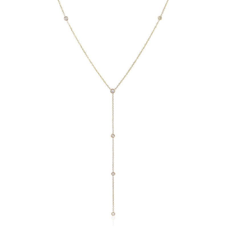 Vale Jewelry Josephine Y Necklace with Bezel Set White Diamonds in 14 Karat Yellow Gold Close Up