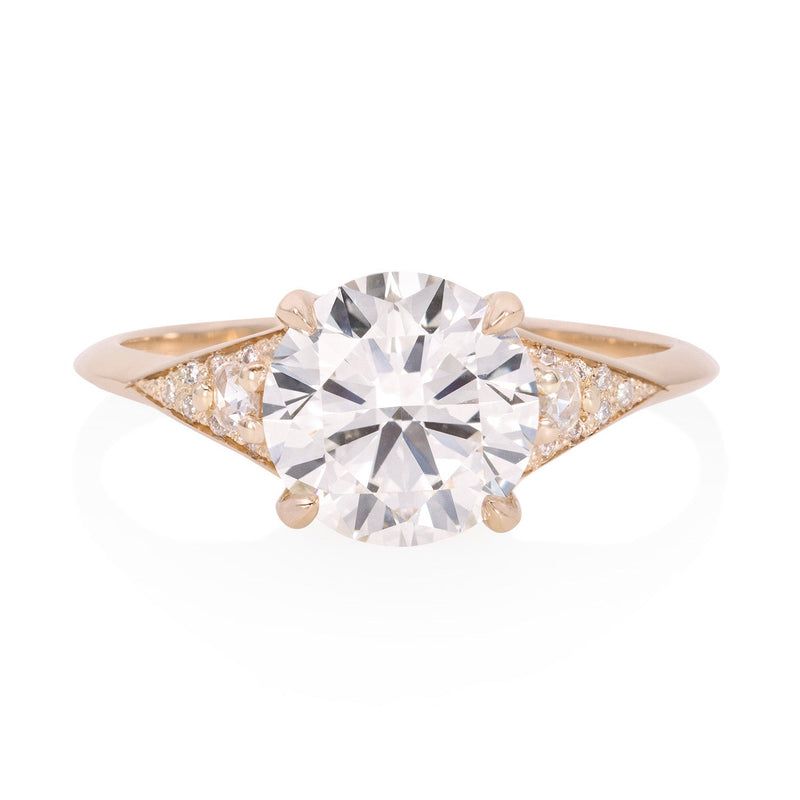 Vale Jewelry Large Sandrine Ring with 2.00 carat Round Brilliant Cut Diamond and White Diamond Rose Cut and Pave Accents in 14 Karat Rose Gold Front View