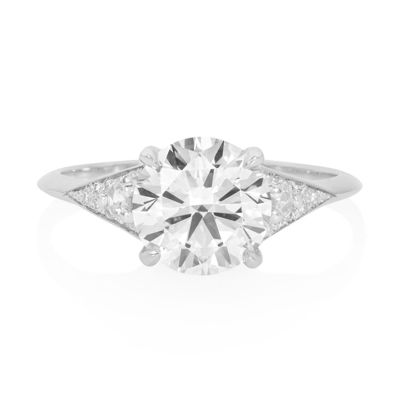 Vale Jewelry Large Sandrine Ring with 2.00 carat Round Brilliant Cut Diamond and White Diamond Rose Cut and Pave Accents in 14 Karat White Gold Front View