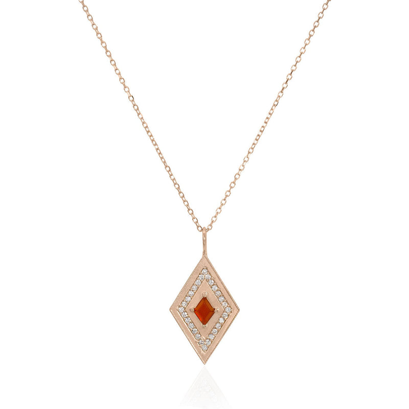 Vale Jewelry Large Theodora Necklace with Kite Cut Carnelian Center and White Diamond Pave Accents in 14 Karat Rose Gold Close Up