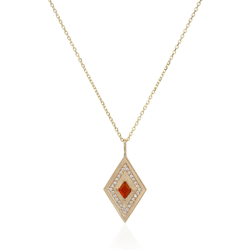 Vale Jewelry Large Theodora Necklace with Kite Cut Carnelian Center and White Diamond Pave Accents in 14 Karat Yellow Gold Close Up