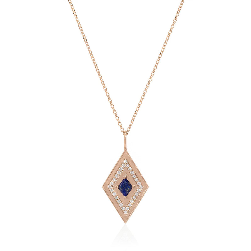 Vale Jewelry Large Theodora Necklace with Kite Cut Lapis Lazuli Center and White Diamond Pave Accents in 14 Karat Rose Gold Close Up