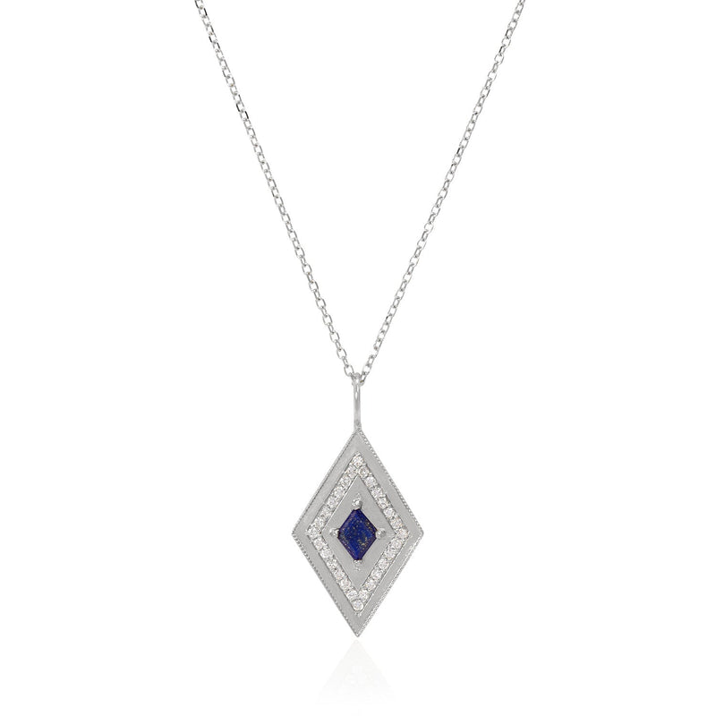 Vale Jewelry Large Theodora Necklace with Kite Cut Lapis Lazuli Center and White Diamond Pave Accents in 14 Karat White Gold Close Up