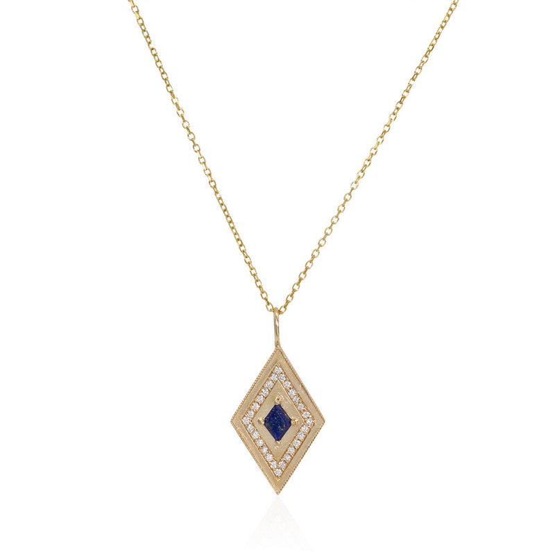 Vale Jewelry Large Theodora Necklace with Kite Cut Lapis Lazuli Center and White Diamond Pave Accents in 14 Karat Yellow Gold Close Up