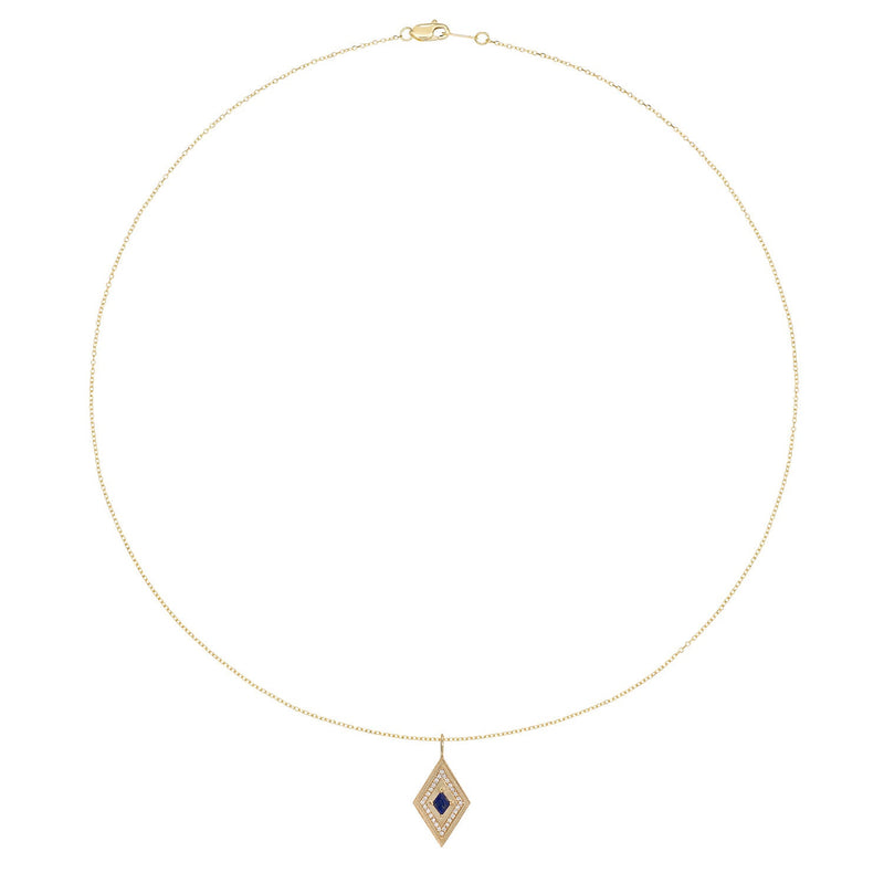 Vale Jewelry Large Theodora Necklace with Kite Cut Lapis Lazuli Center and White Diamond Pave Accents in 14 Karat Yellow Gold Full View