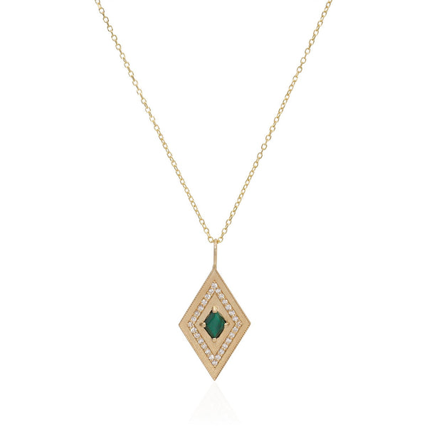 Vale Jewelry Large Theodora Necklace with Kite Cut Malachite Center and White Diamond Pave Accents in 14 Karat Yellow Gold Close Up