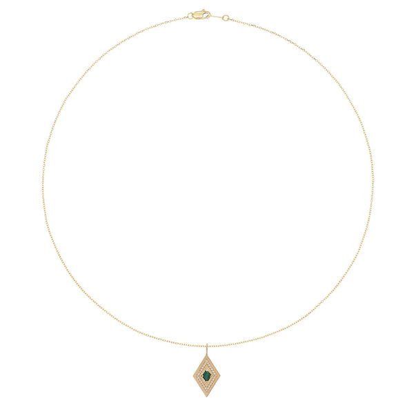 Vale Jewelry Large Theodora Necklace with Kite Cut Malachite Center and White Diamond Pave Accents in 14 Karat Yellow Gold Full View