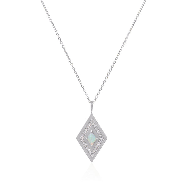 Vale Jewelry Large Theodora Necklace with Kite Cut Opal Center and White Diamond Pave Accents in 14 Karat White Gold Close Up
