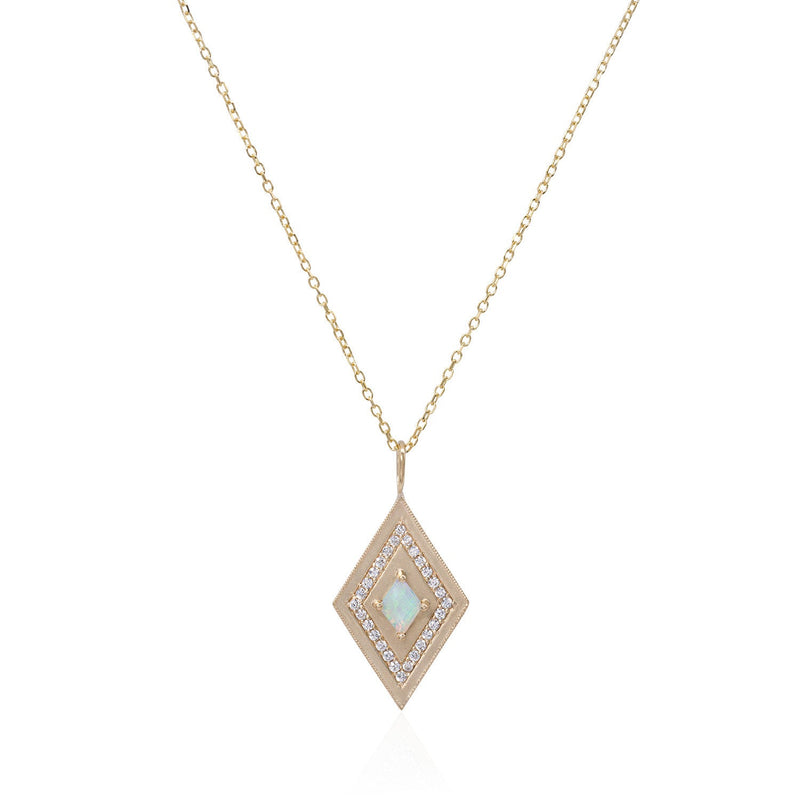 Vale Jewelry Large Theodora Necklace with Kite Cut Opal Center and White Diamond Pave Accents in 14 Karat Yellow Gold Close Up