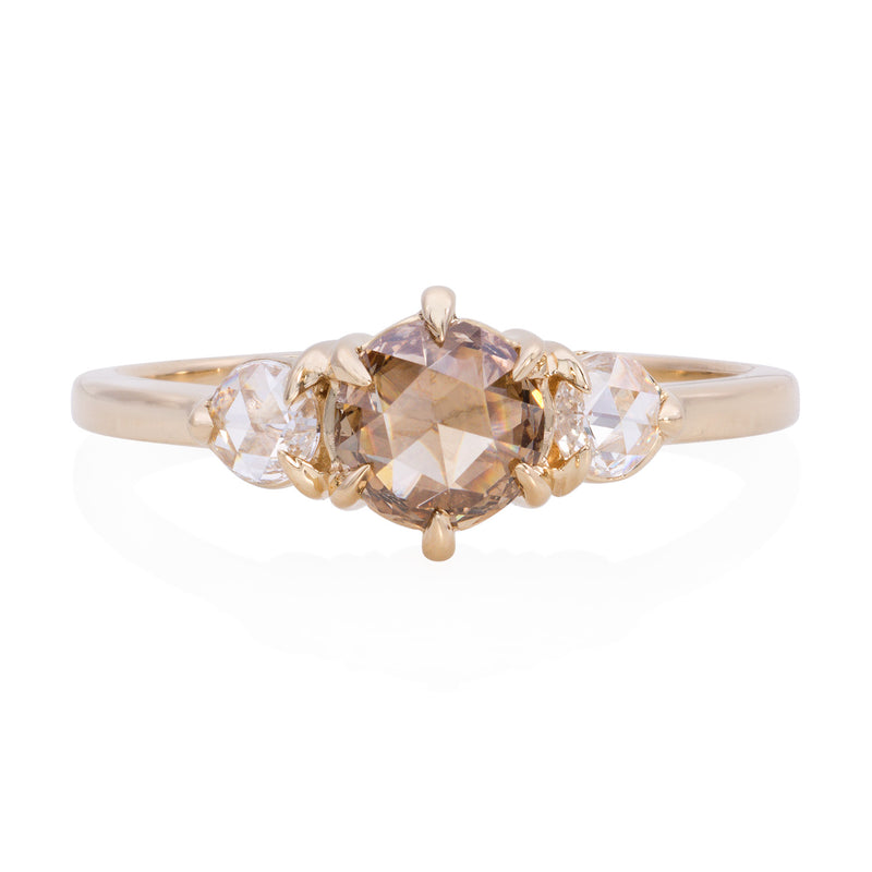 Vale Jewelry Large Tidals Ring with Champagne and White Diamond Rose Cuts in 14 Karat Yellow Gold Front View