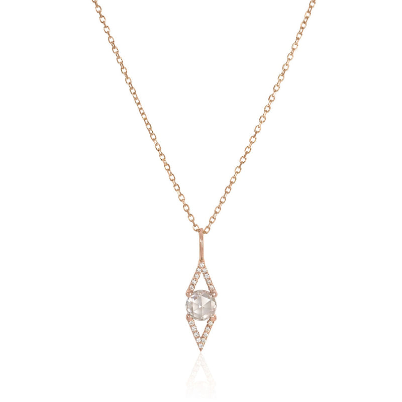 Vale Jewelry Large Victoire Necklace with White Rose Cut Diamond and White Diamond Pave on Diamond Cut Cable Chain in 14 Karat Rose Gold Close Up