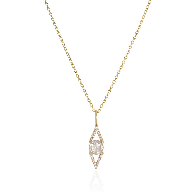 Vale Jewelry Large Victoire Necklace with White Rose Cut Diamond and White Diamond Pave on Diamond Cut Cable Chain in 14 Karat Yellow Gold Close Up