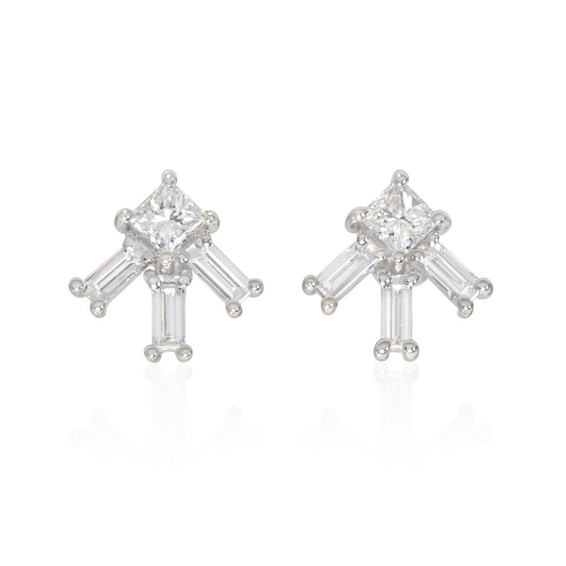 Vale Jewelry Larkspur Earrings with Princess Cut and Baguette Cut White Diamonds in 14 Karat White Gold Front View
