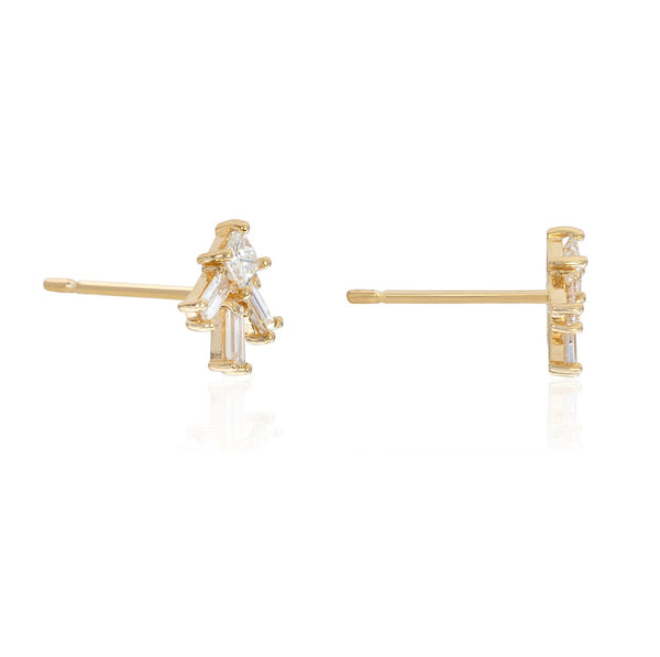 Vale Jewelry Larkspur Earrings with Princess Cut and Baguette Cut White Diamonds in 14 Karat Yellow Gold Side View