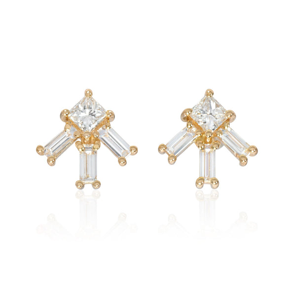 Vale Jewelry Larkspur Earrings with Princess Cut and Baguette Cut White Diamonds in 14 Karat Yellow Gold Front View