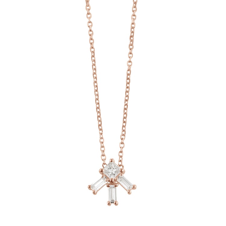 Vale Jewelry Larkspur Necklace with Princess Cut and Baguette Cut White Diamonds on Diamond Cut Cable Chain in 14 Karat Rose Gold Close Up