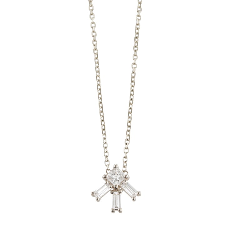 Vale Jewelry Larkspur Necklace with Princess Cut and Baguette Cut White Diamonds on Diamond Cut Cable Chain in 14 Karat White Gold Close Up
